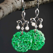 Burma Natural Green Carved Jade Earrings 21.1*2.3mm, 18K Gold